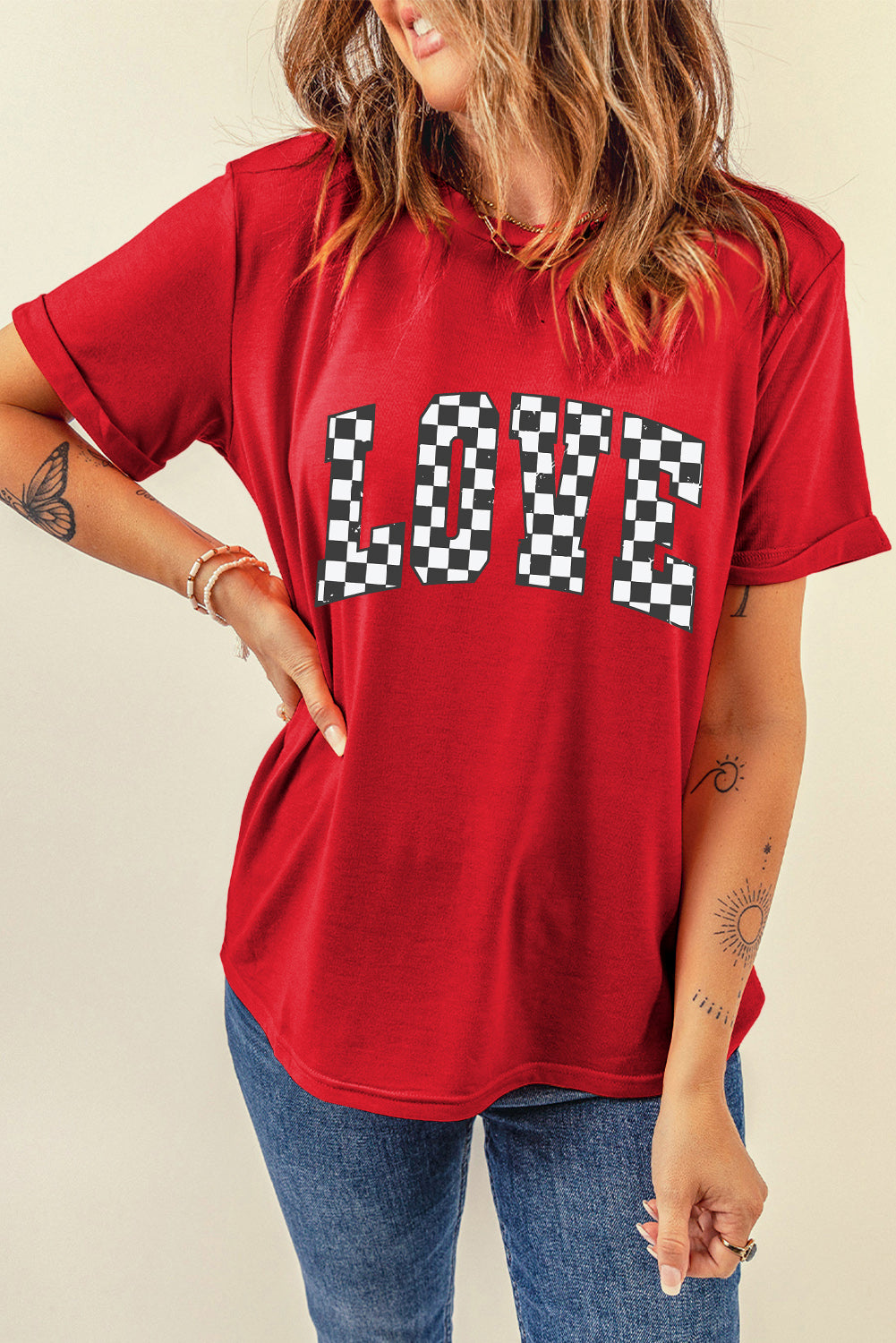 T-shirt de Saint-Valentin à carreaux rouges avec motif lettre LOVE