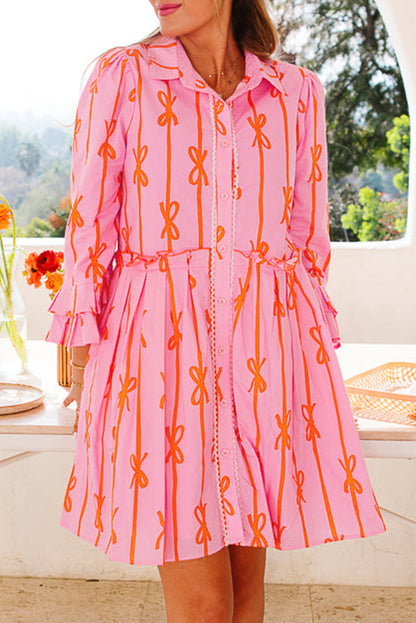 Robe chemise courte à volants et rayures, rose, avec nœud papillon