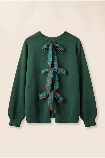 Blackish Green Plaid Bow Detail Drop Shoulder Christmas Sweater