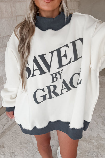 Beige Saved By Grace Print Color Block Mock Neck Oversized Sweatshirt