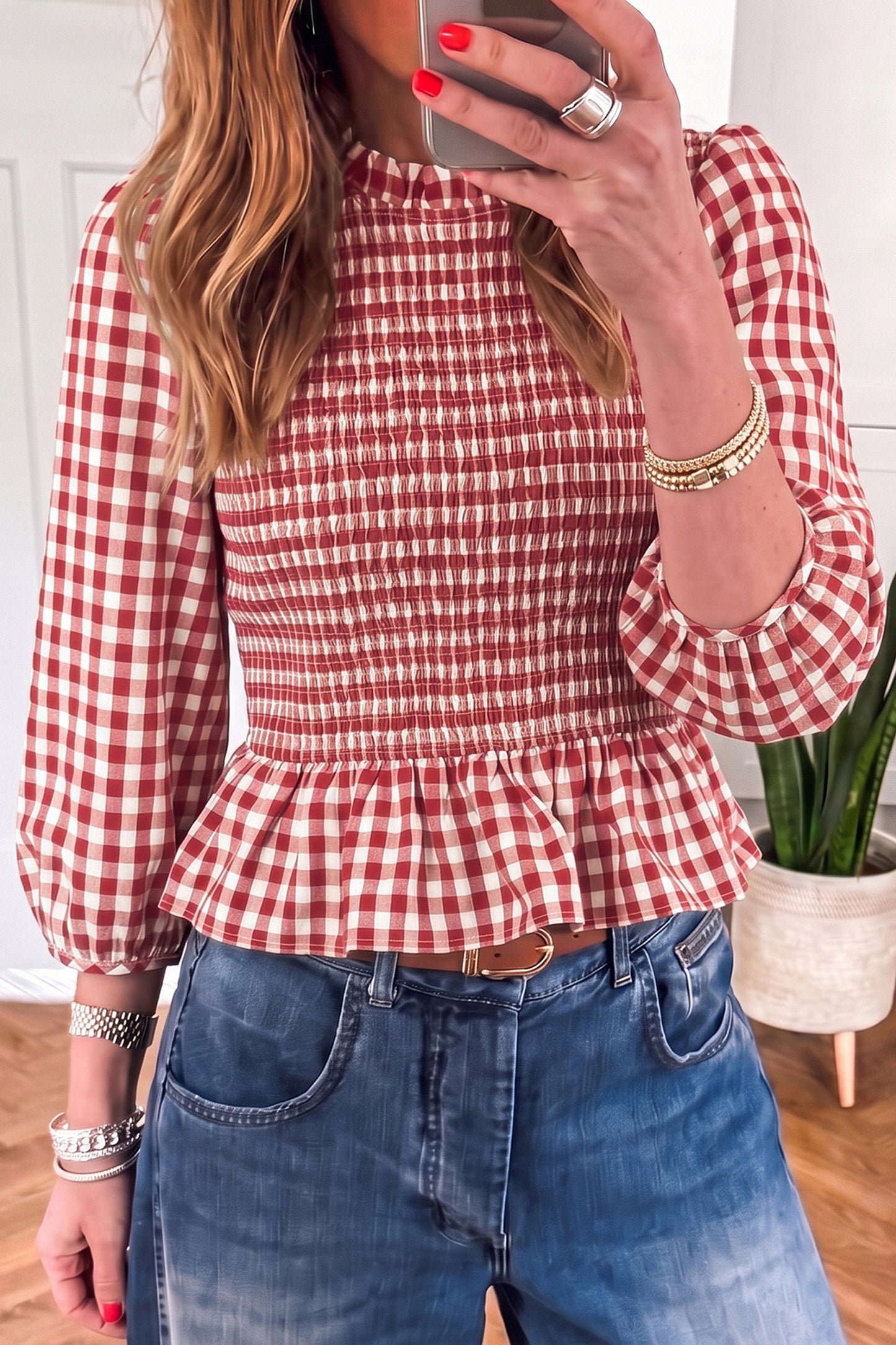 Red 3/4 Sleeve Shirred Plaid Peplum Top