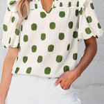 Apricot Polka Dot Print Shirred Yoke Notched Neck Balloon Sleeve Blouse