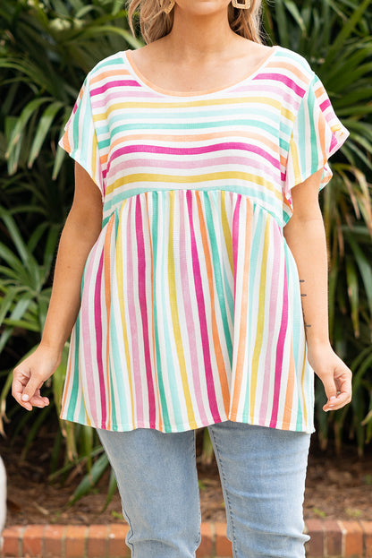 Multicolor Stripe Print Textured Knit Babydoll Blouse