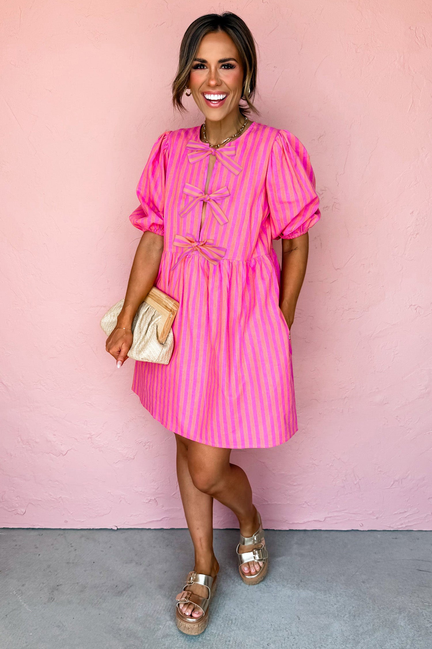 Rose Striped Print Bow Detail Short Puff Sleeve Mini Dress