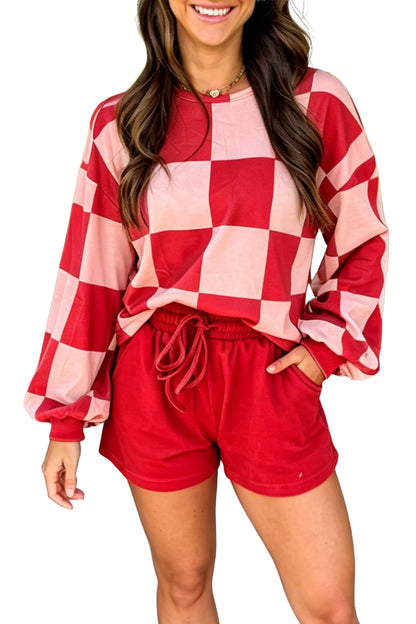 Red Checkerboard Plaid Long Sleeve Solid Color Shorts 2pcs Set