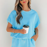 Light Blue Solid Color Puffy Loose Top Drawstring Shorts 2pcs Outfit