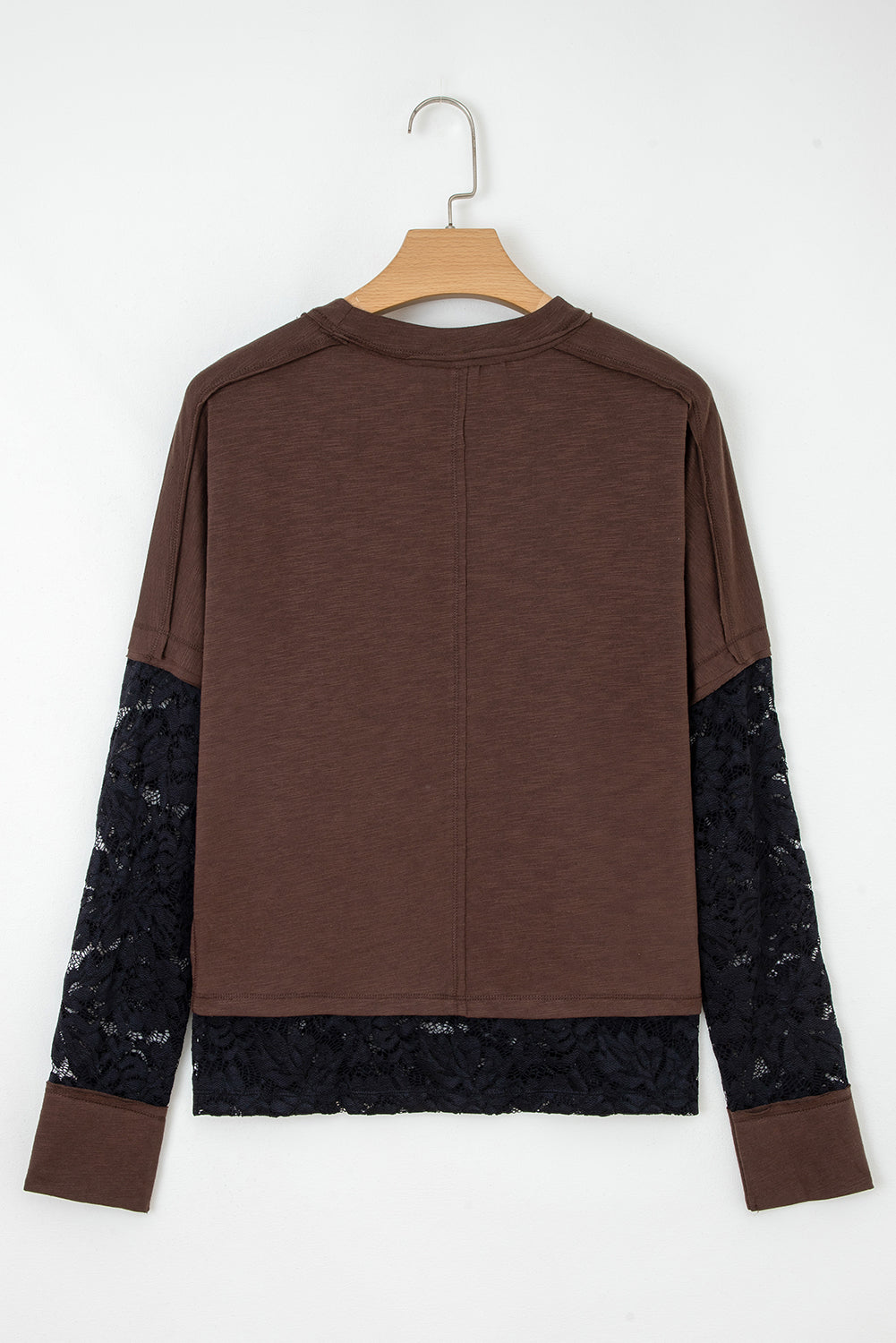 Dark Brown Sheer Lace Patchwork Casual Long Sleeve Tee