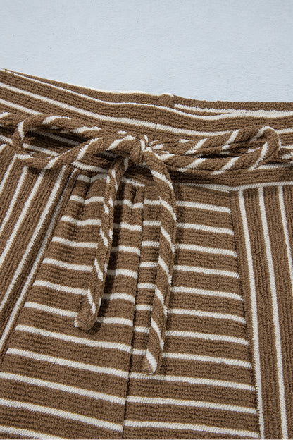 Khaki Stripe Patchwork Design Wide Leg Casual Pants