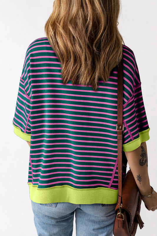 Green Contrast Trim Exposed Seam High Low Stripe T Shirt
