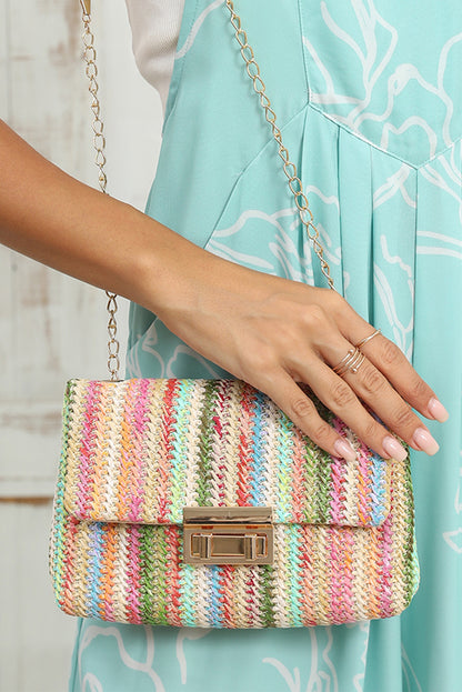 Strawberry Pink Straw Plaited Gold Chain Clasp Closure Single Shoulder Bag