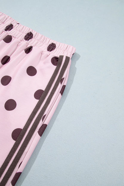 Pink Polka Dot Print Side Stripe Detail Long Sleeve Top Casual Pant Set