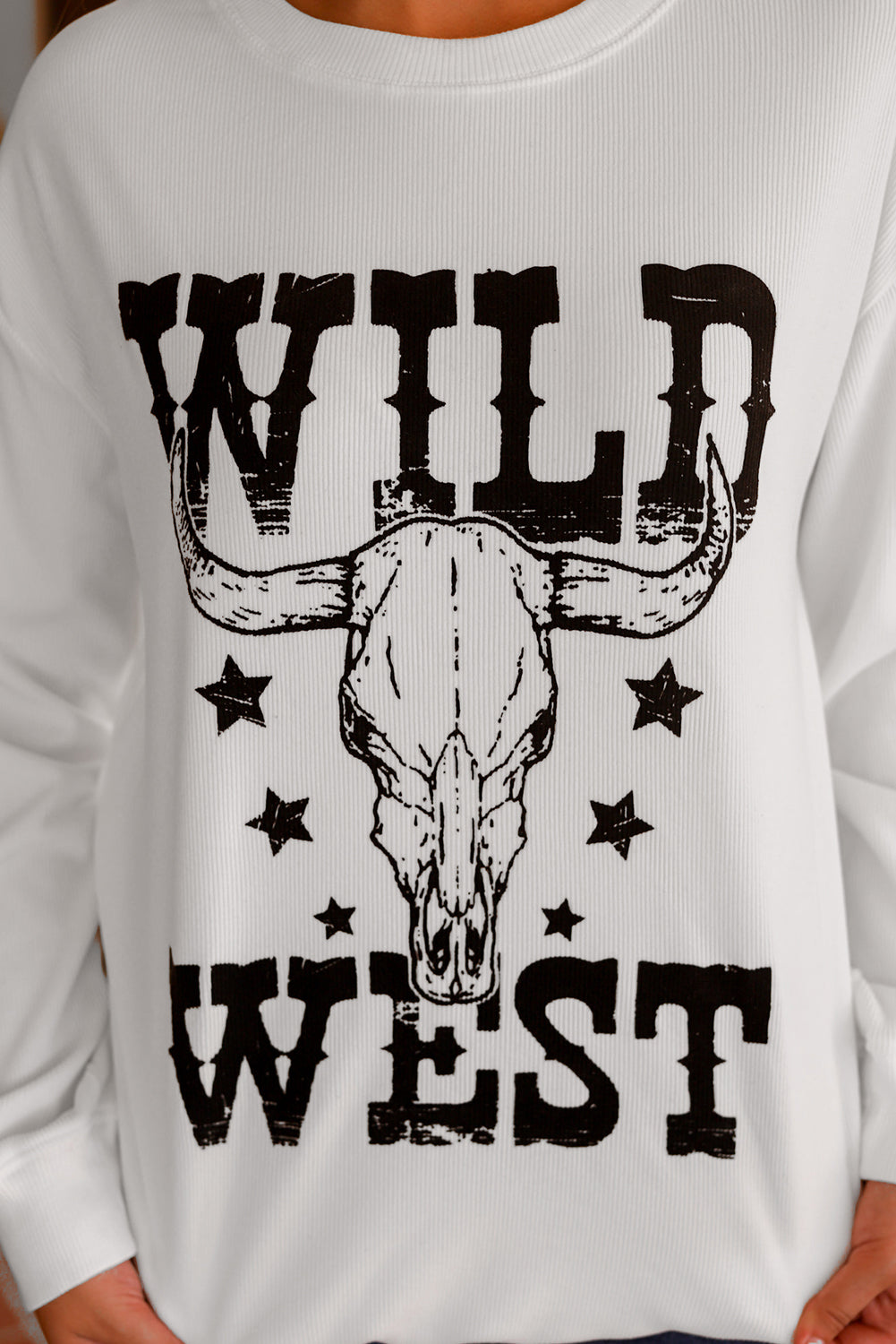Sweat-shirt côtelé blanc à motif tête de mort WILD WEST