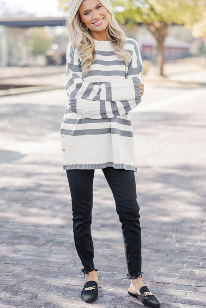 Gray Stripe Ribbed Buttoned Detail Drop Shoulder Tunic Sweater