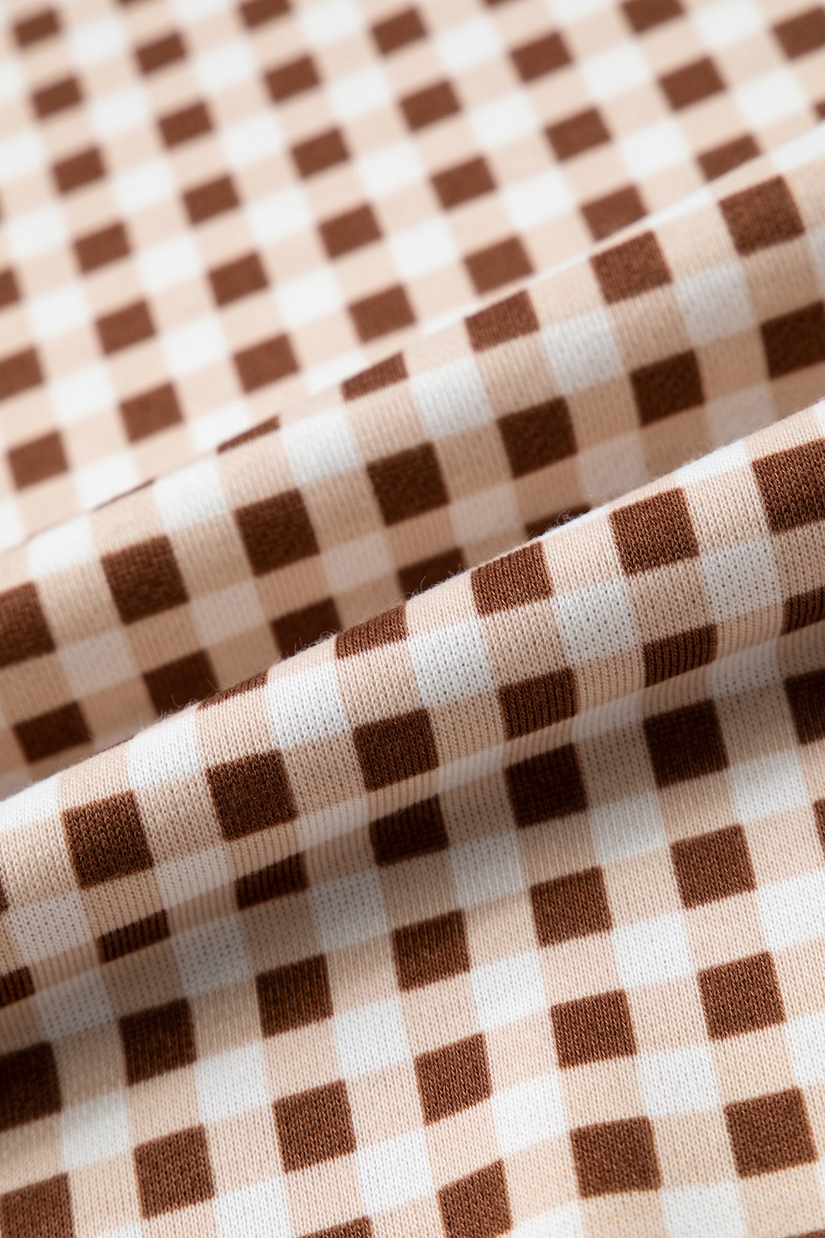 Brown Gingham Oversized Ribbed Trim Crew Neck Long Sleeve Top and Skort Set