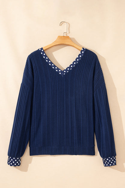 Dirty blue Polka Dot Trimmed V Neck Bow Tie Textured Ribbed Top