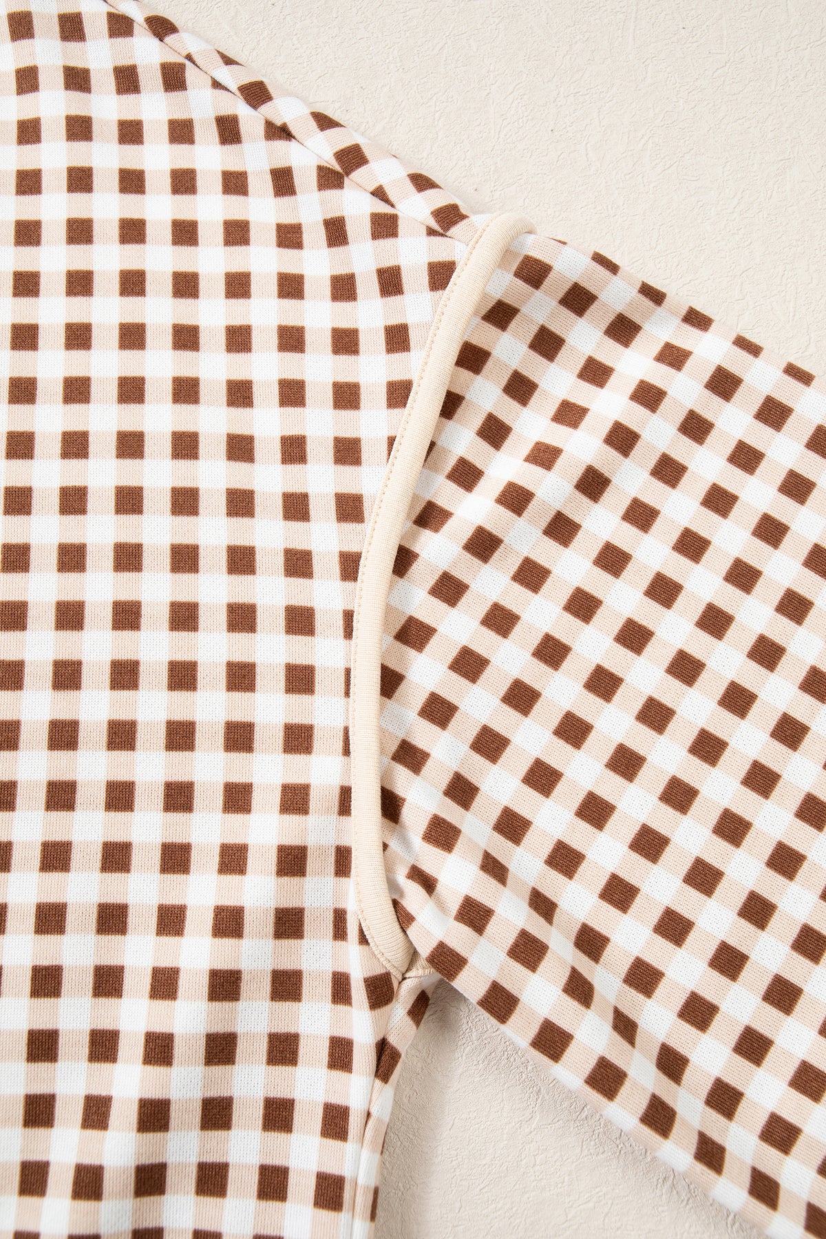 Brown Gingham Oversized Ribbed Trim Crew Neck Long Sleeve Top and Skort Set