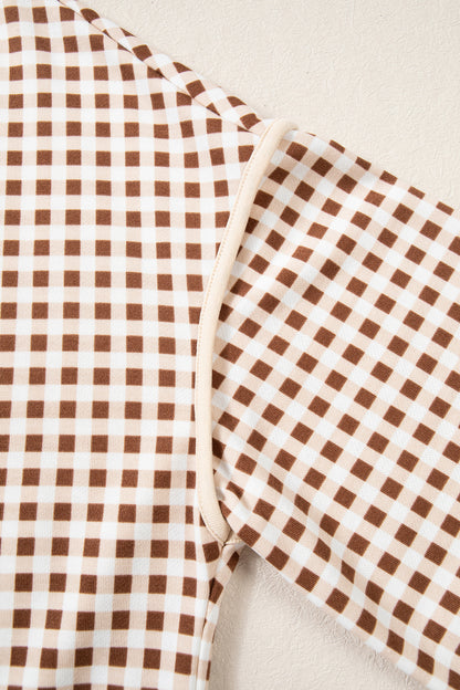 Brown Gingham Oversized Ribbed Trim Crew Neck Long Sleeve Top and Skort Set