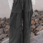 Black Mineral Wash Tiered Wide Leg Patchwork Drawstring Pants