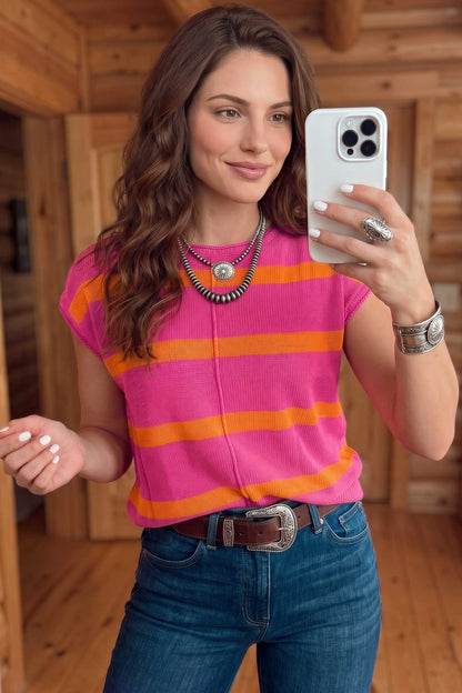 Rose Stripe Knit Western Short Sleeve Sweater