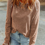 Smoke Gray Textured Round Neck Long Sleeve Top