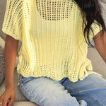 Yellow Cream Hollow-out Crochet Side Tied Short Sleeve Sweater