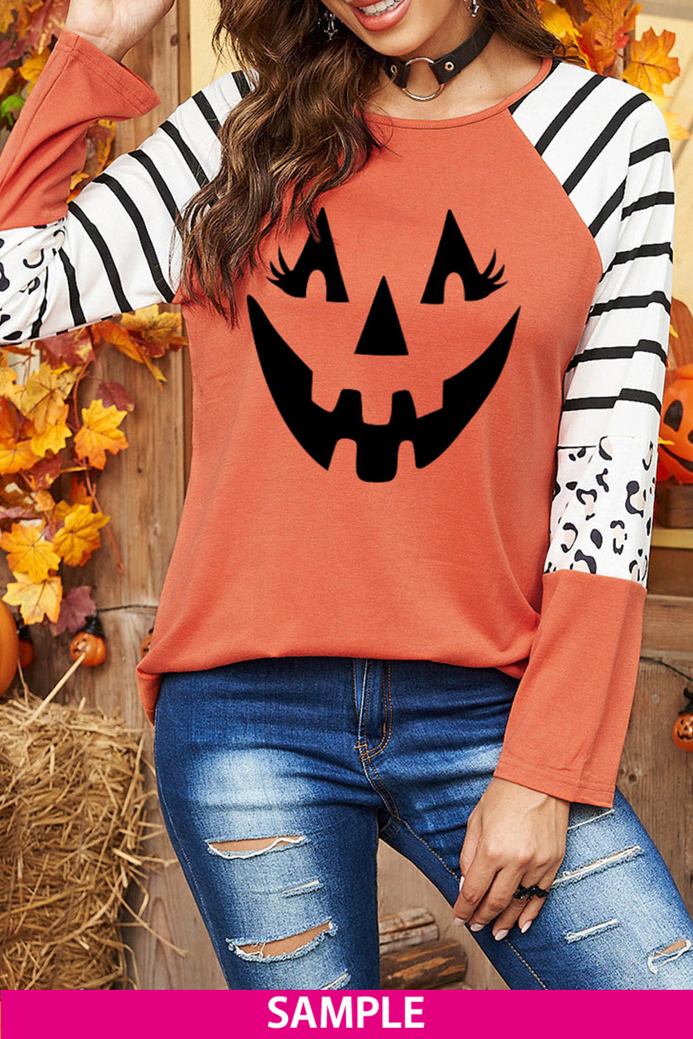 Black Striped Animal Print Colorblock Long Sleeve Top