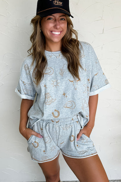 Ensemble t-shirt et short gris à taille élastique imprimé style western