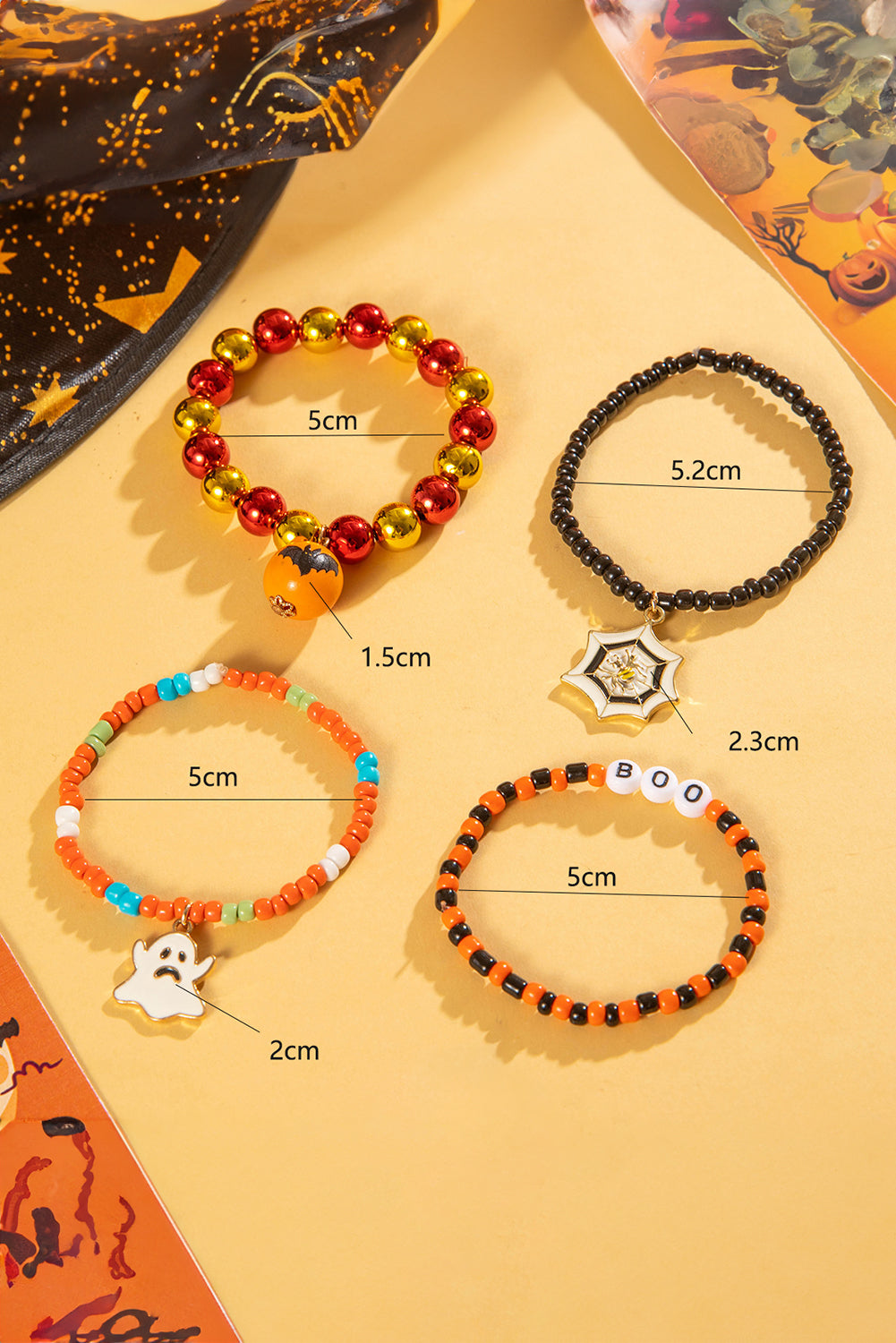 Ensemble de 4 bracelets orange en perles avec toile d'araignée fantôme d'Halloween
