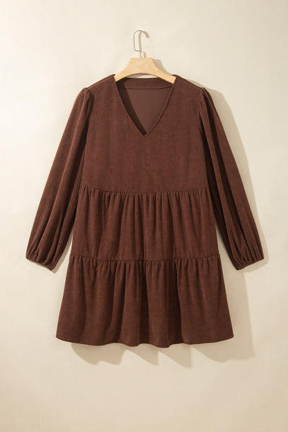 Coffee Winter Corduroy V Neck Long Sleeve Plus Size Mini Dress