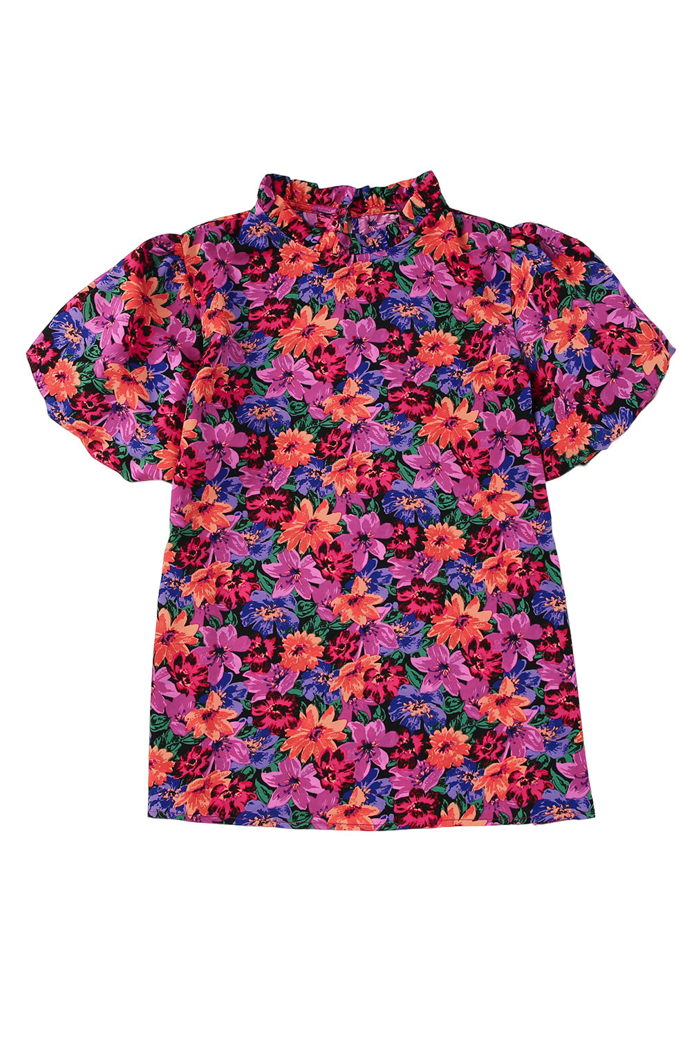 Blusa con cuello redondo y manga abullonada con estampado floral multicolor 