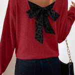 Racing Red Ribbed V Neck Contrast Ribbon Bow Back Drop Shoulder Long Sleeve Top