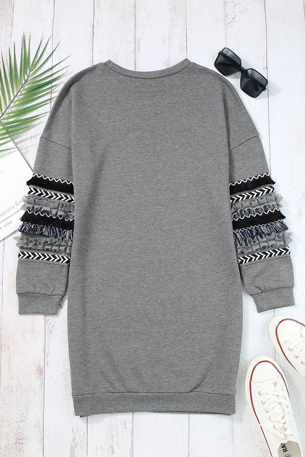 Dark Grey Printed Fringed Ruffled Accent Sweatshirt Dress