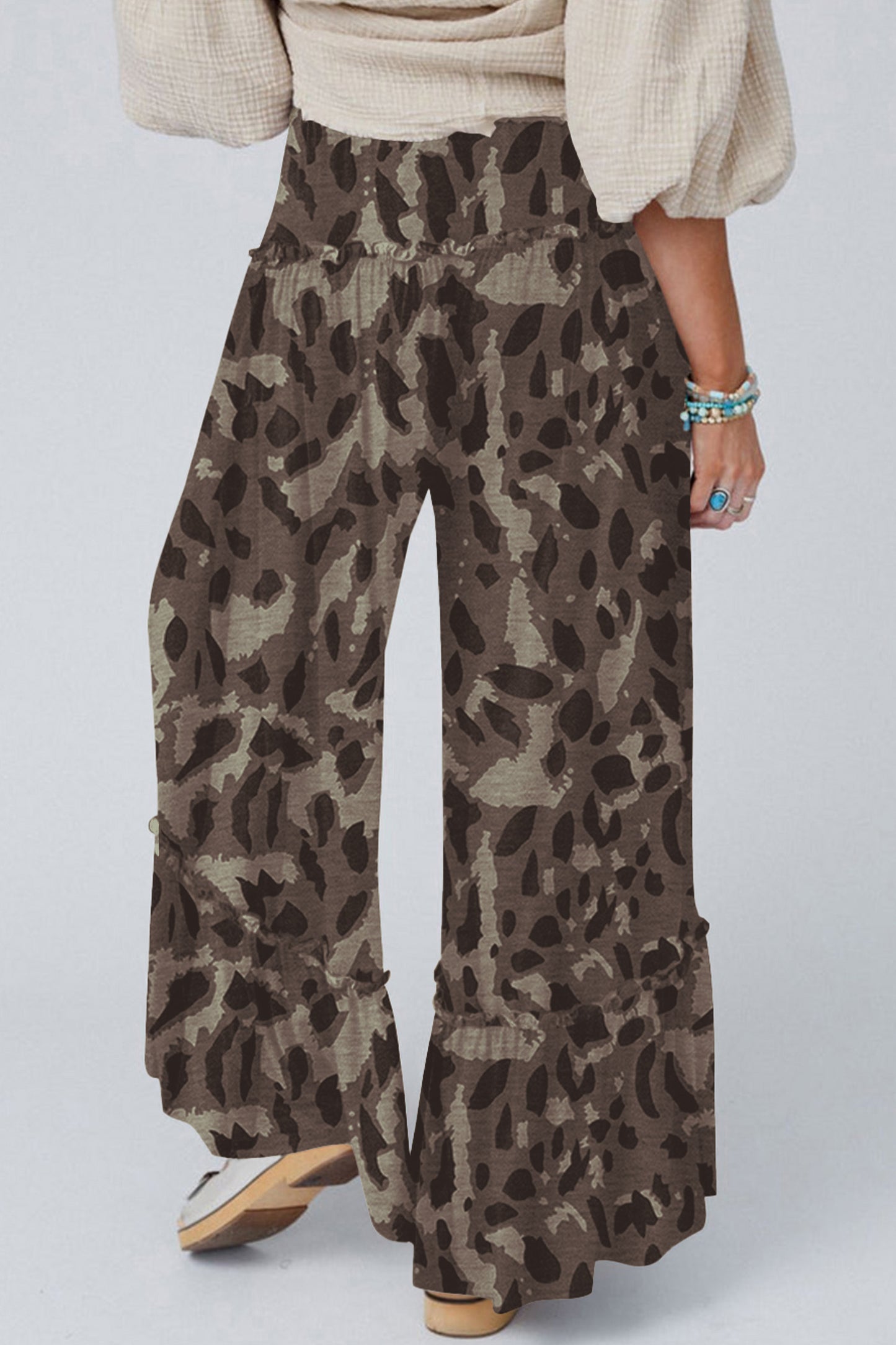 Brown Camo Print Wide Leg Casual Pants