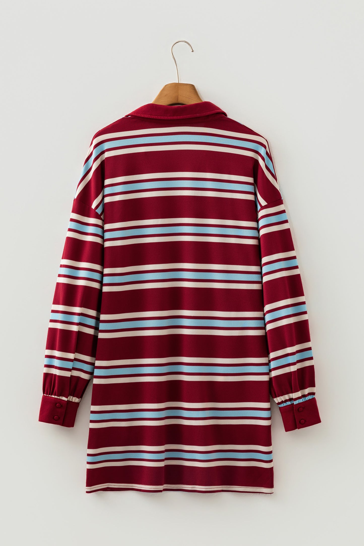 Red Stripe Retro Polo Collar Long Sleeve T Shirt Shift Mini Dress