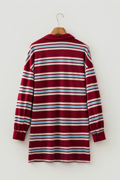 Red Stripe Retro Polo Collar Long Sleeve T Shirt Shift Mini Dress