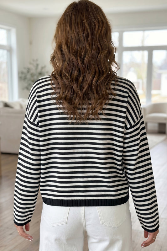 Green Stripe Striped Button Placket Drop Shoulder Long Sleeve Sweater