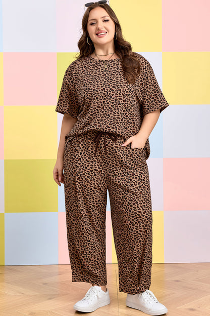 Brown Plus Size Leopard Loose Top Pleated Pants Set