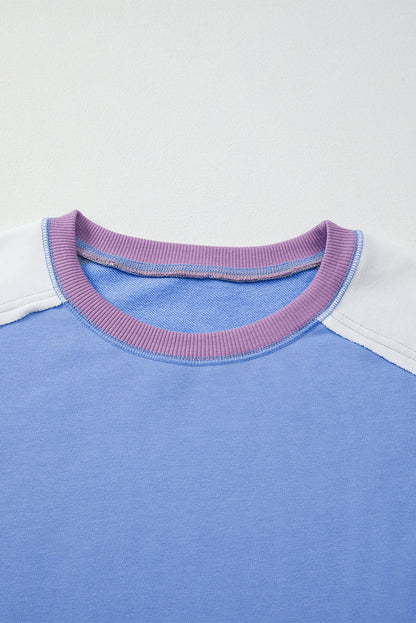 Blue Exposed Seam Colorblock Patchwork Ribbed Trim Pullover Sweatshirt