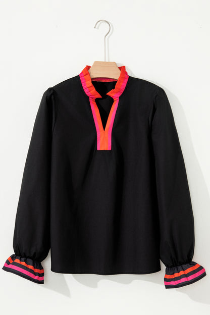 Black Striped Trim Ruffle Split Neck Long Sleeve Blouse