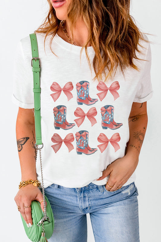White Bowknot & Cowgirl Boots Graphic Tee