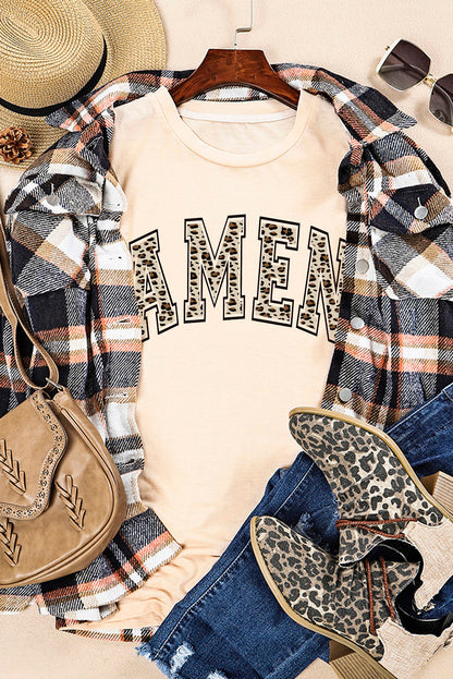 T-shirt graphique à manches courtes imprimé léopard kaki AMEN