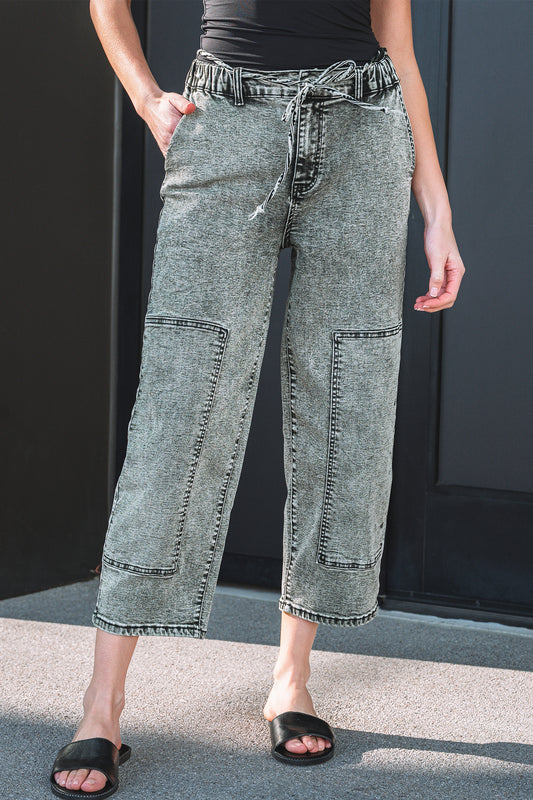 Gray Acid Wash Tie Waist Denim Pants