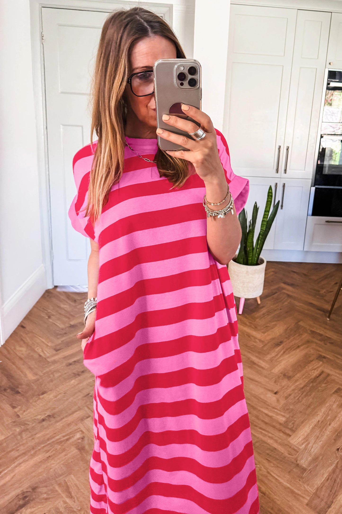 Rose Stripe Cuffed Short Sleeve Pocketed Casual T Shirt Long Dress