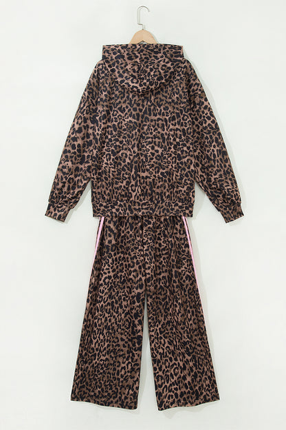 Brown Leopard Print Contrast Striped Detail Long Sleeve Top Pant Set