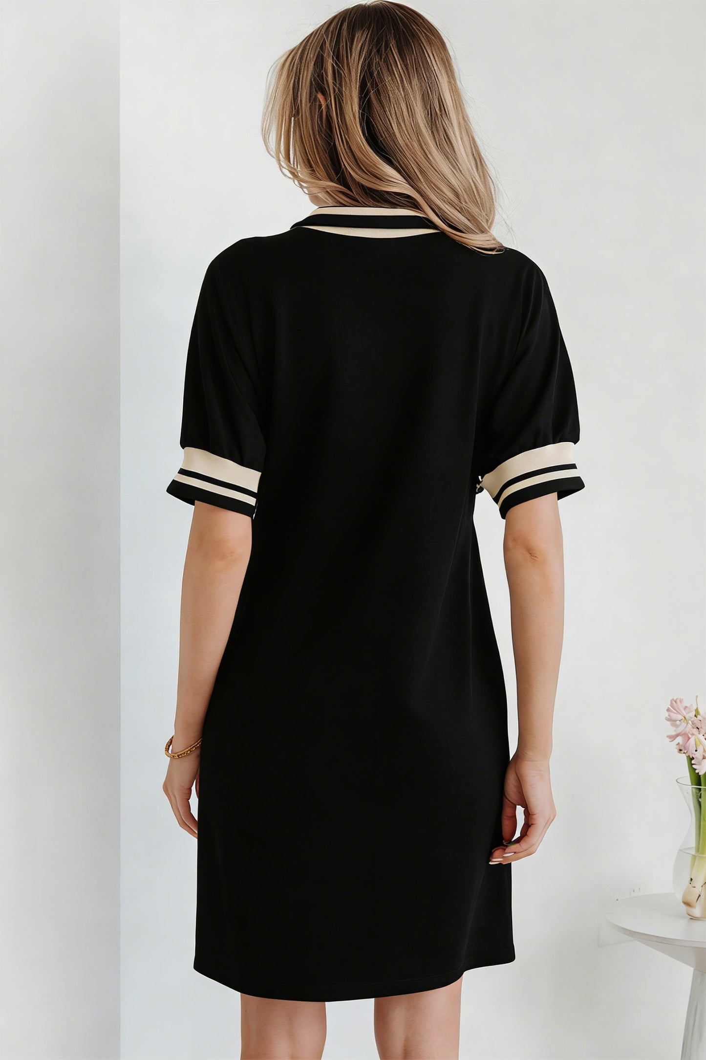 Black Striped Webbing Trim Preppy Polo Tee Dress