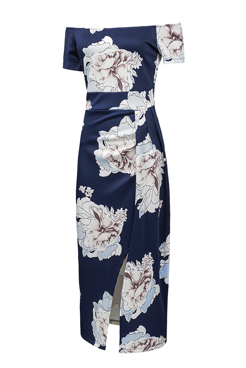 Robe mi-longue moulante fendue à épaules dénudées et imprimé floral bleu foncé