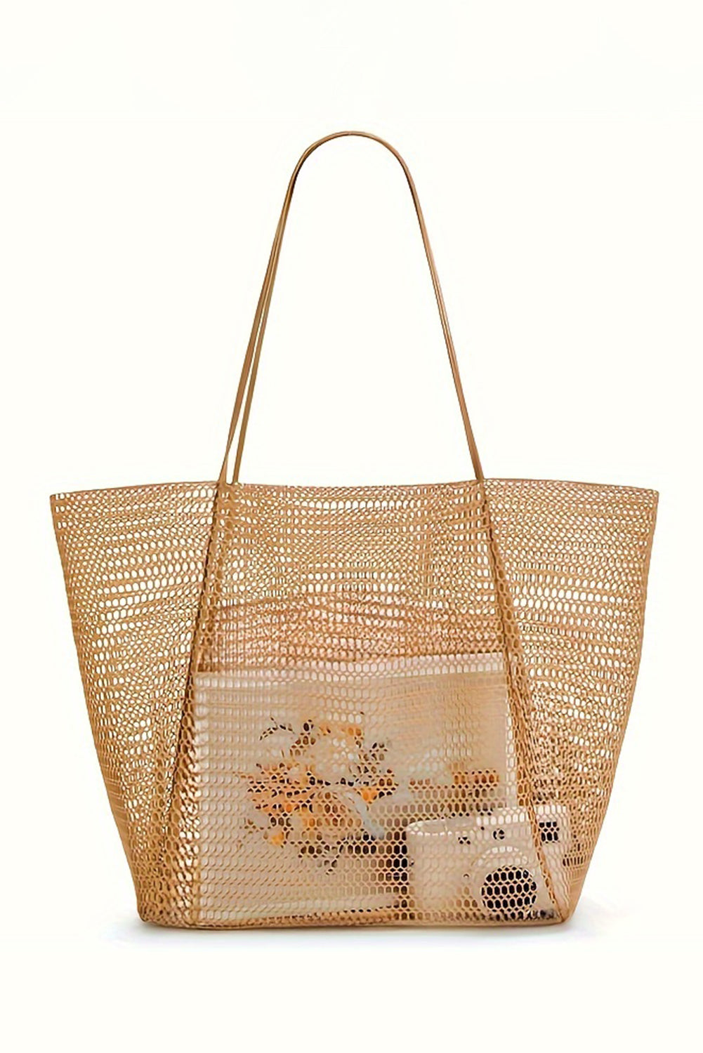 Light French Beige Hollowed Zipped Interior Pocket Nylon Tote Bag