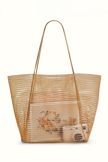 Light French Beige Hollowed Zipped Interior Pocket Nylon Tote Bag