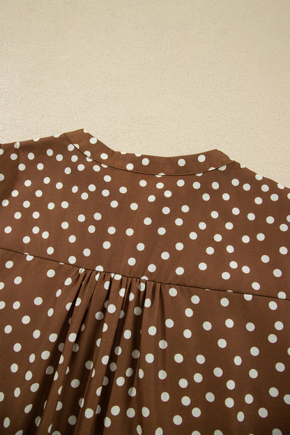 Brown V Neck Polka Dot Long Sleeve Shift Plus Size Dress