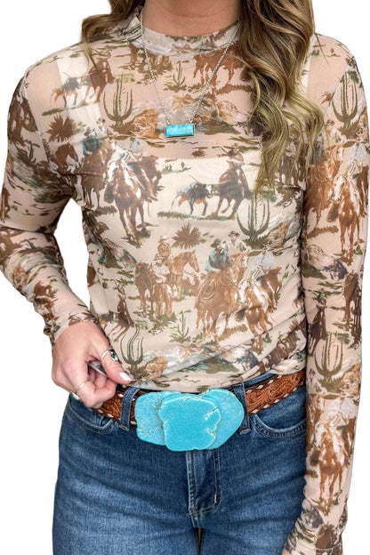 Brown Western Cowboy Floral Print Sheer Mesh Long Sleeve Top